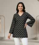 Women Black Full Sleeve Shirt Kurti with White Floral Print Cotton Fabric Casual Wear