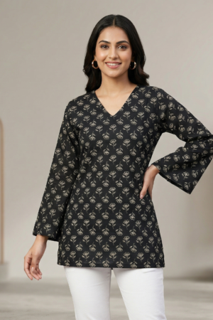 Women Black Full Sleeve Shirt Kurti with White Floral Print Cotton Fabric Casual Wear