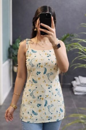 Women White Cotton Sleeveless Short Kurti with Yellow Print Stylish Casual Wear Top