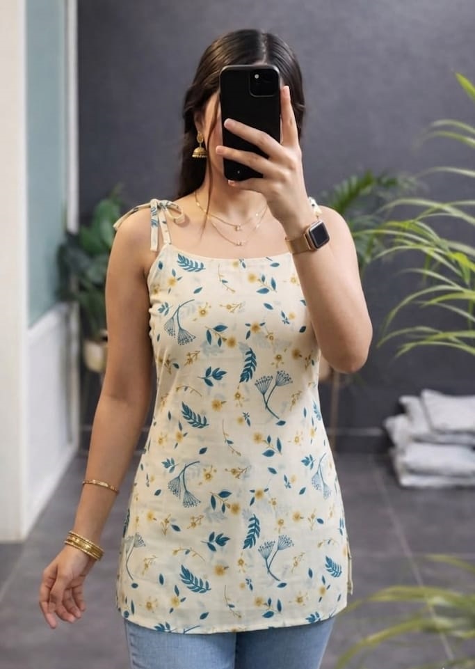 Women White Cotton Sleeveless Short Kurti with Yellow Print Stylish Casual Wear Top