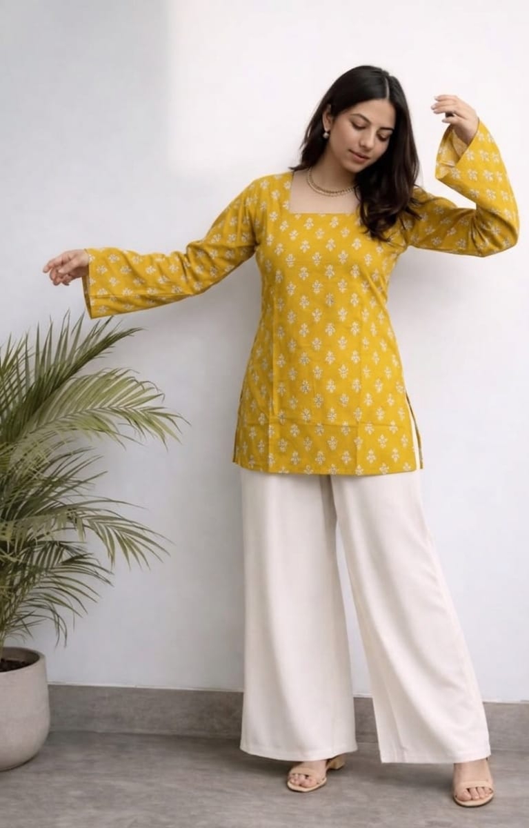 Women's Yellow Cotton Short Kurti with Back Dori | Printed Stylish Casual Kurti for Women
