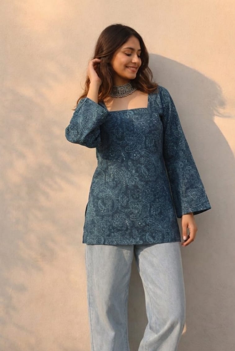 Women's Blue Cotton Short Kurti with Back Dori | Printed Casual Stylish Kurti