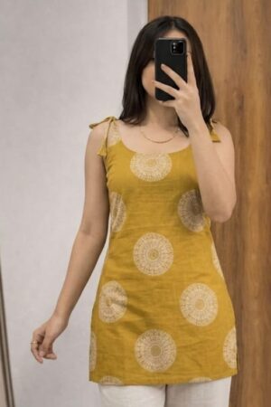 Women Cotton Sleeveless Short Kurti White Printed Casual Wear Top