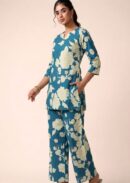 Women Blue Cotton Co-Ord Set Printed Kurti Pant Set Full Sleeve Ethnic Casual Wear