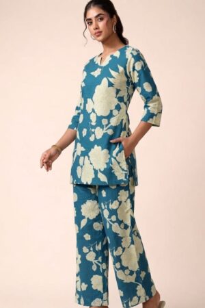 Women Blue Cotton Co-Ord Set Printed Kurti Pant Set Full Sleeve Ethnic Casual Wear