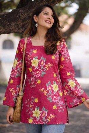 Women Cotton Short Kurti 60x60 Fabric Red Floral Printed Casual Top