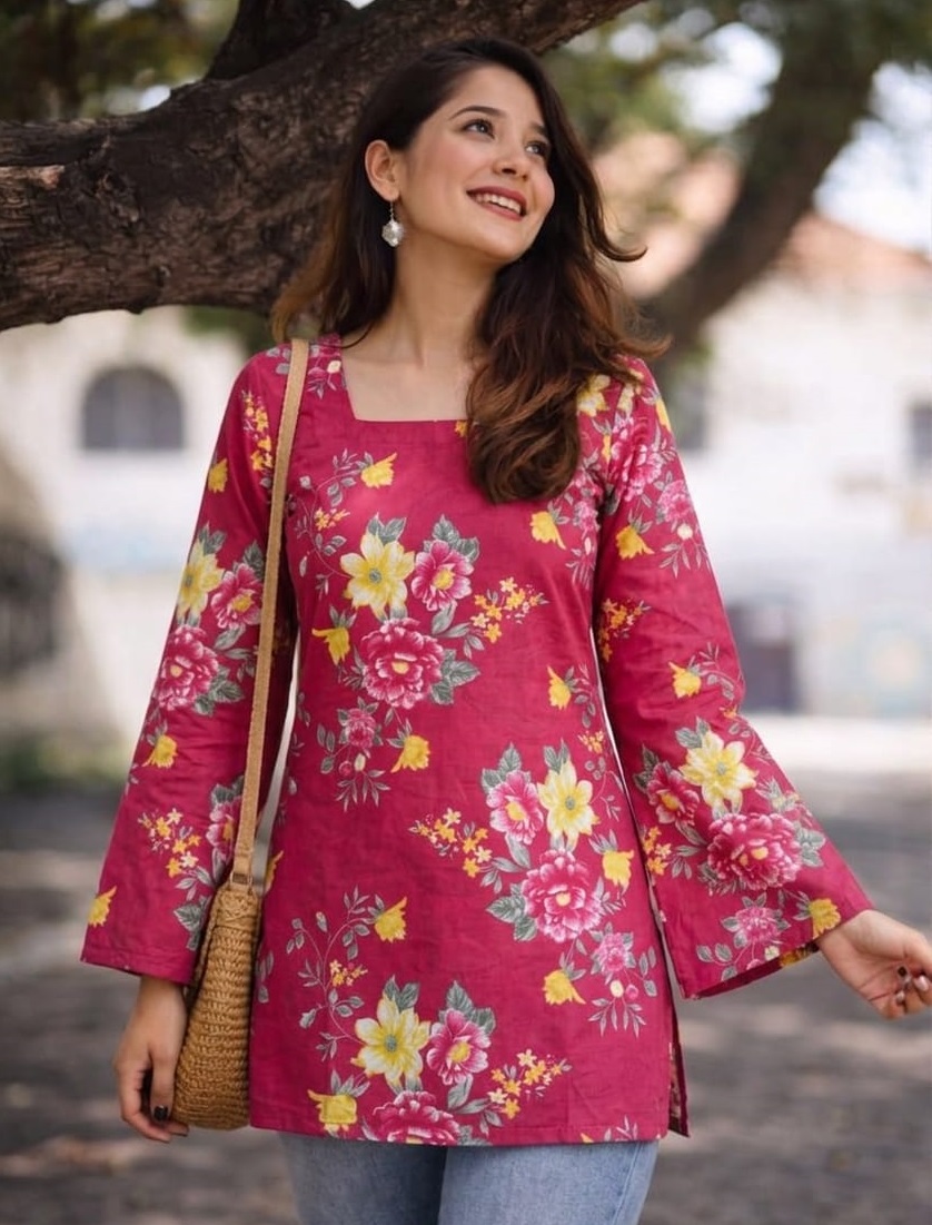 Women Cotton Short Kurti 60x60 Fabric Red Floral Printed Casual Top