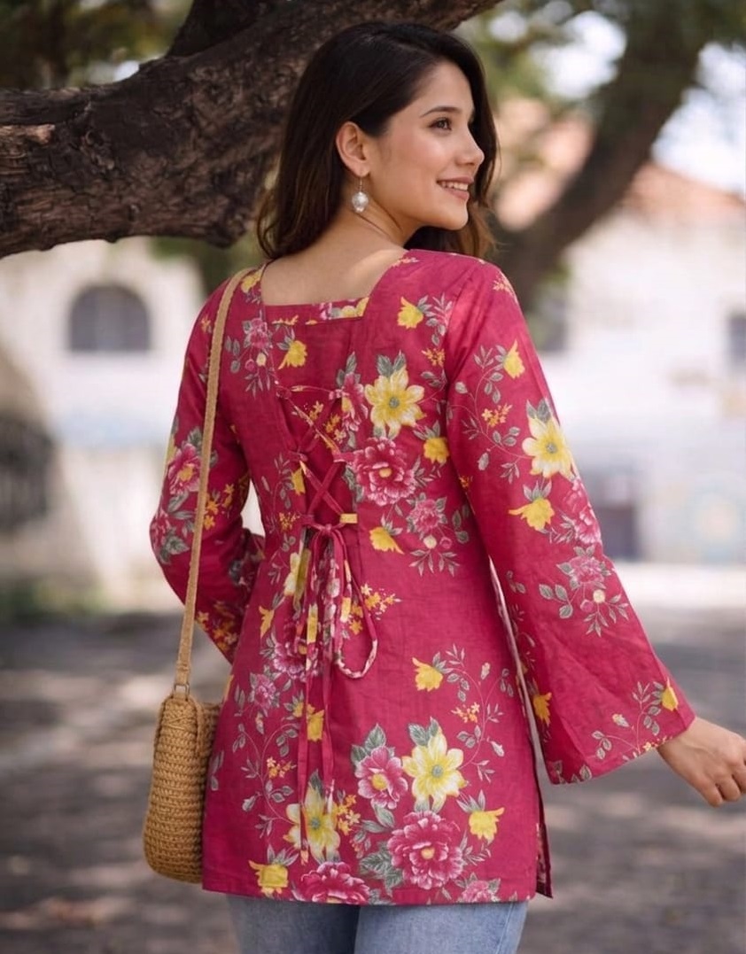 Stylish red floral cotton short kurti made with 60x60 fabric, perfect for daily wear with comfort and elegance.
