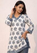 Women White Short Kurti Half Sleeve Black Floral Print Rayon Fabric Casual Wear Top