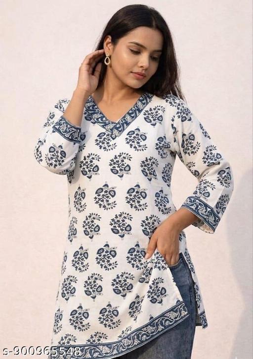 Rayon White & Black Floral Printed Short Kurti Kurta Top For Women & Girls | Stylish Ethnic Wear Short Kurti | Casual Daily Wear Office Wear Kurti