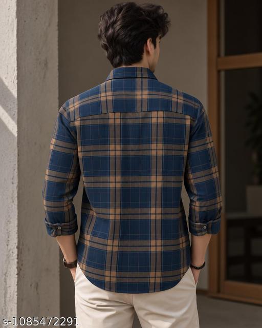 Men’s Navy Blue & Brown Checked Casual Shirt | Full Sleeve Plaid Pattern Shirt with Front Button Closure & Classic Shirt Collar | Stylish Regular Fit Casual Wear for Men - Image 6