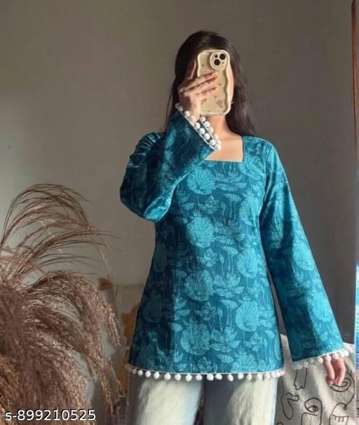 Women Blue Short Kurti || COTTON KURTI || SHORT COTTON KURTI || DAILY WEAR KURTI || OFFICE WEAR COTTON KURTI || SHORT KURTI - Image 2