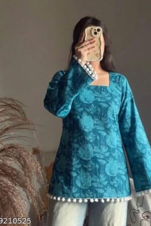 Women Blue Short Kurti || COTTON KURTI || SHORT COTTON KURTI || DAILY WEAR KURTI || OFFICE WEAR COTTON KURTI || SHORT KURTI