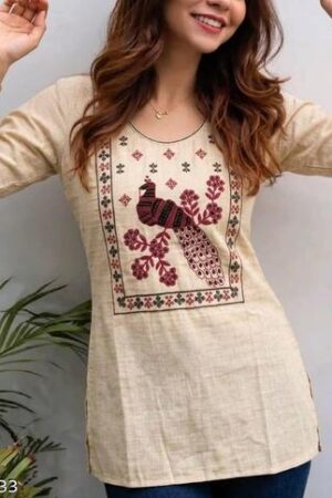 Women Ethnic Beige Kurti with Peacock Design Embroidery