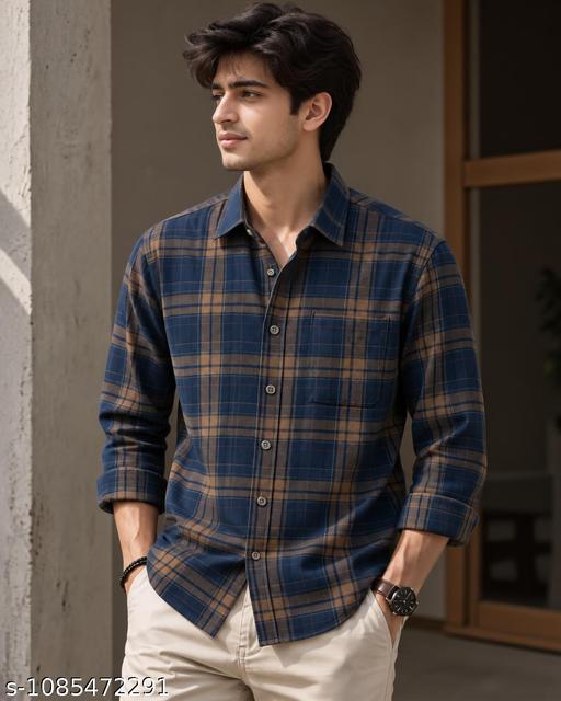 Men’s Navy Blue & Brown Checked Casual Shirt | Full Sleeve Plaid Pattern Shirt with Front Button Closure & Classic Shirt Collar | Stylish Regular Fit Casual Wear for Men - Image 5