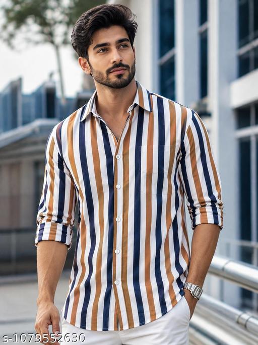 URBAN HANGER Men's Trendy Vertical Striped Slim Fit Casual Party Wear Shirt - Image 2