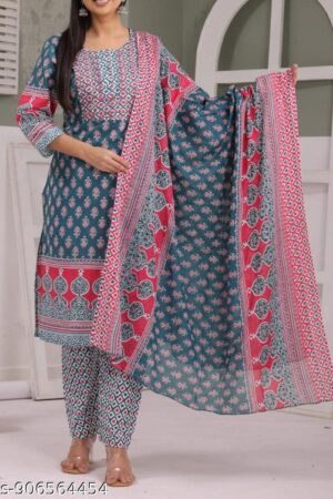 Women Blue Cotton Kurti Bottom with dupatta//traditional kurti set//Daily Wear//Office Wear