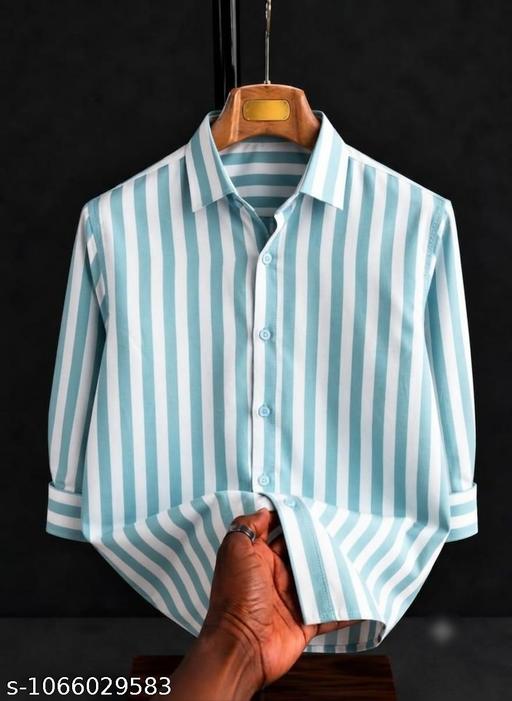 Men's Sky Blue & White Vertical Striped Cotton Blend Shirt | Full Sleeve Casual Shirt for Men | Regular Fit Office, College & Party Wear - Image 4