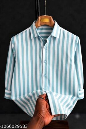 Men's Sky Blue & White Vertical Striped Cotton Blend Shirt | Full Sleeve Casual Shirt for Men | Regular Fit Office, College & Party Wear