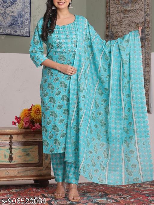 Women Printed Pure Cotton Kurta Pant Dupatta Set (Sky Blue, Ethnic 3 Piece Suit Set) | traditional daily wear office wear - Image 2