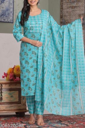 Women Printed Pure Cotton Kurta Pant Dupatta Set (Sky Blue, Ethnic 3 Piece Suit Set) | traditional daily wear office wear