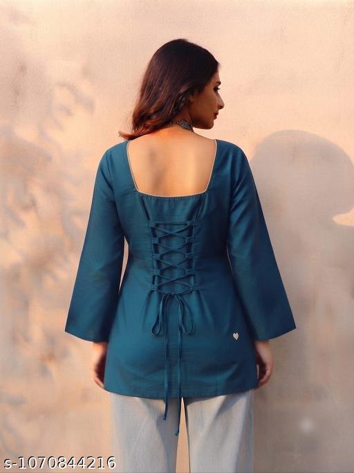 Women’s Blue Short Kurti with Beautiful Heart Embroidery Detailing, Designer Square Neckline, Stylish Flared Bell Sleeves & Comfortable Regular Fit – Trendy Ethnic Wear - Image 3