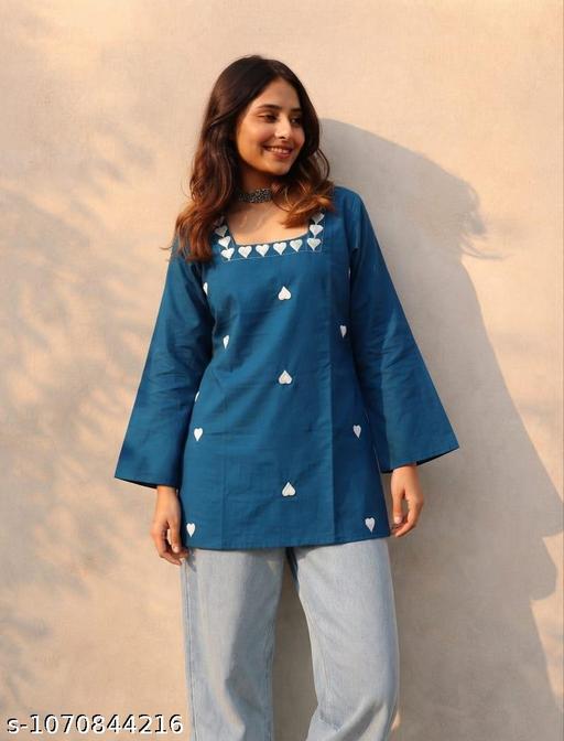 Women’s Blue Short Kurti with Beautiful Heart Embroidery Detailing, Designer Square Neckline, Stylish Flared Bell Sleeves & Comfortable Regular Fit – Trendy Ethnic Wear - Image 4