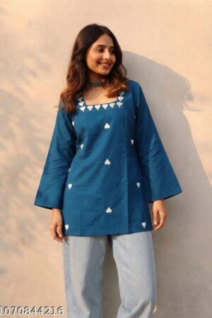 Women’s Blue Short Kurti with Beautiful Heart Embroidery Detailing, Designer Square Neckline, Stylish Flared Bell Sleeves & Comfortable Regular Fit – Trendy Ethnic Wear