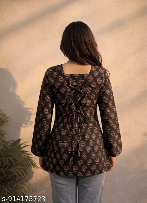 Black Floral Printed Short Kurti|| Cotton Printed Kurta with Full Sleeves and Back Dori Design||Daily Wear Kurti|| Office Wear - Image 2