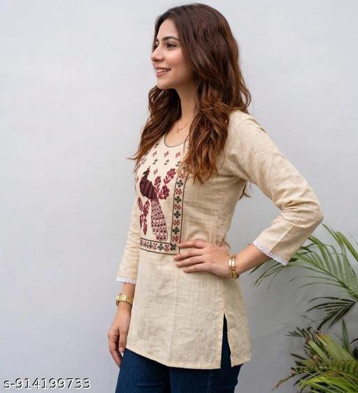 Women Ethnic Beige Kurti with Peacock Design Embroidery - Image 2