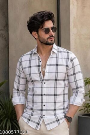 Men's White Checked Shirt | Cotton Blend Full Sleeve Regular Fit Shirt for Men | Casual & Office Wear