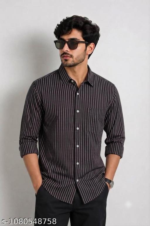Men's Black & White Vertical Striped Shirt | Full Sleeve Cotton Blend Shirt for Men | Regular Fit Casual & Office Wear - Image 2