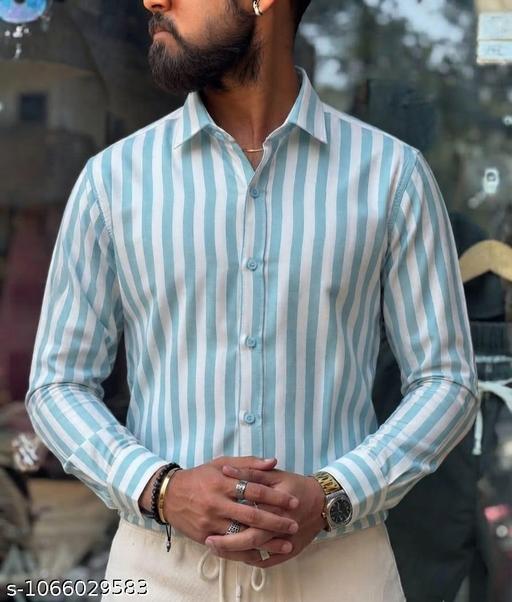 Men's Sky Blue & White Vertical Striped Cotton Blend Shirt | Full Sleeve Casual Shirt for Men | Regular Fit Office, College & Party Wear - Image 5