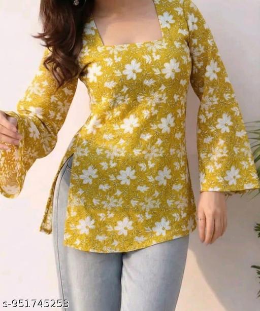 Trendy Daisy Print Bell Sleeve Short Kurti Top for Women - Image 4