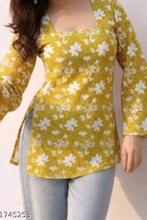 Trendy Daisy Print Bell Sleeve Short Kurti Top for Women