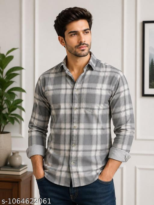 Men's Grey & White Checkered Cotton Blend Shirt | Full Sleeve Casual Shirt for Men | Regular Fit Everyday Wear