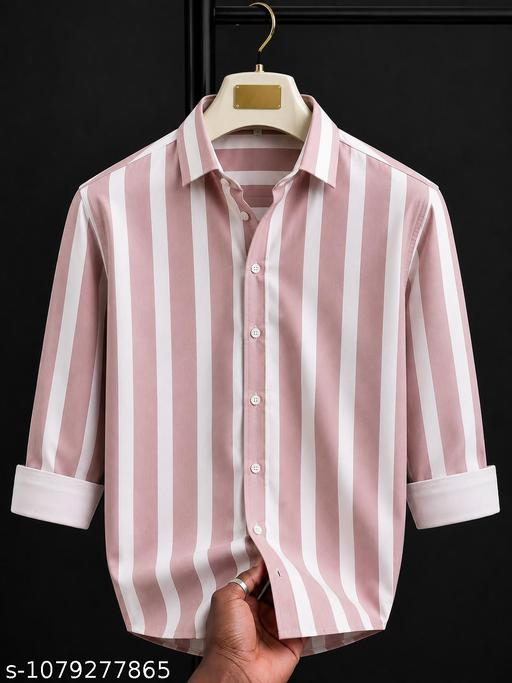 Men's Pink & White Striped Cotton Blend Shirt | Full Sleeve Regular Fit Casual Shirt for Men | Stylish Office, College & Party Wear - Image 5