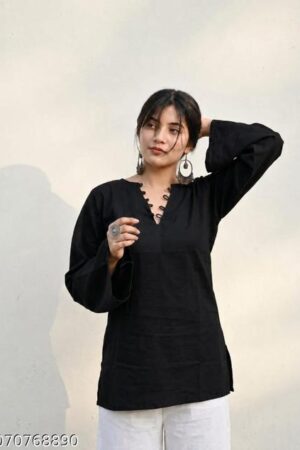 Women’s Elegantss Solid Black Straight Kurti with Unique Loop Detail - Neckline, Full Sleeves, Stylish Ethnic Design and Comfortable Regular Fit for Casual & Festive Wear