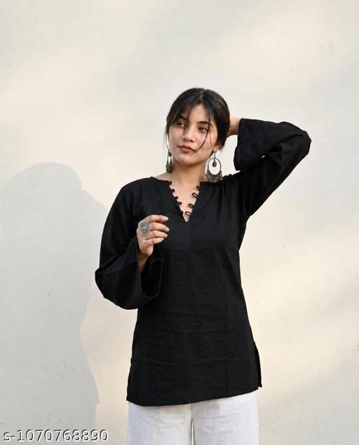Women’s Elegantss Solid Black Straight Kurti with Unique Loop Detail - Neckline, Full Sleeves, Stylish Ethnic Design and Comfortable Regular Fit for Casual & Festive Wear