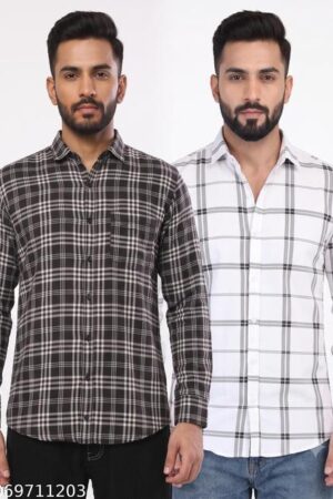 Men's Black & White Checkered Shirt Combo | Pack of 2 Full Sleeve Cotton Blend Shirts | Regular Fit Casual Shirts for Men | Office, College & Party Wear