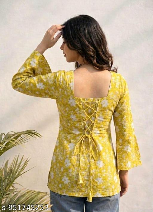 Trendy Daisy Print Bell Sleeve Short Kurti Top for Women - Image 3