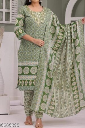 Women Printed Pure Cotton Kurta Pant Dupatta Set (Green, Ethnic 3 Piece Suit Set) | traditional daily wear office wear