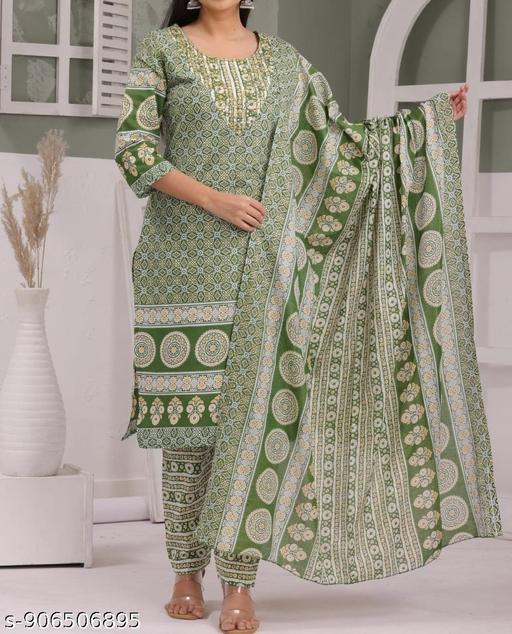Women Printed Pure Cotton Kurta Pant Dupatta Set (Green, Ethnic 3 Piece Suit Set) | traditional daily wear office wear