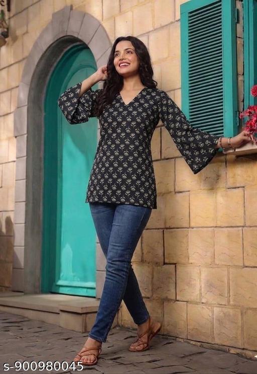 Cotton Printed Black Short Kurti// Kurta Top For Girls & Women | Fancy Ethnic Wear Floral Printed Kurti Top | Stylish Short Kurti | Printed Short Kurta | Women Casual & Party Wear Short Kurti Top - Image 2