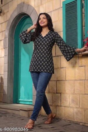 Cotton Printed Black Short Kurti// Kurta Top For Girls & Women | Fancy Ethnic Wear Floral Printed Kurti Top | Stylish Short Kurti | Printed Short Kurta | Women Casual & Party Wear Short Kurti Top
