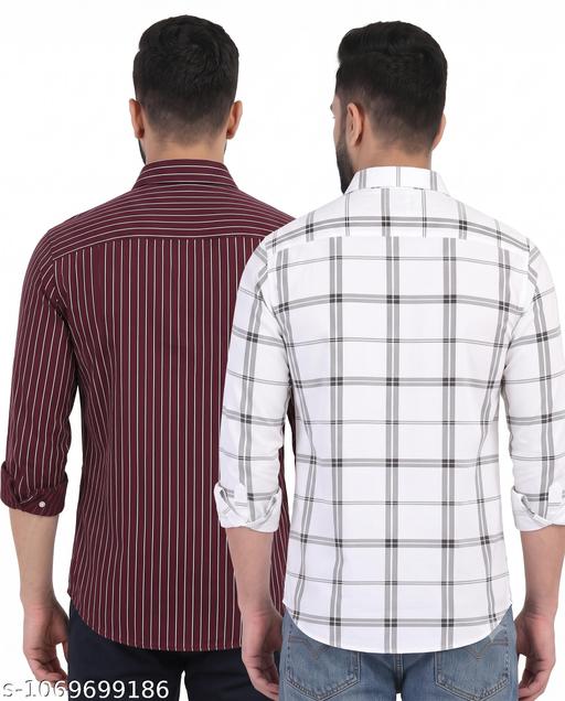 Men's Wine Red Striped & White Checkered Cotton Blend Shirt Combo | Full Sleeve Regular Fit Casual, Office & Party Wear Shirts for Men - Image 6
