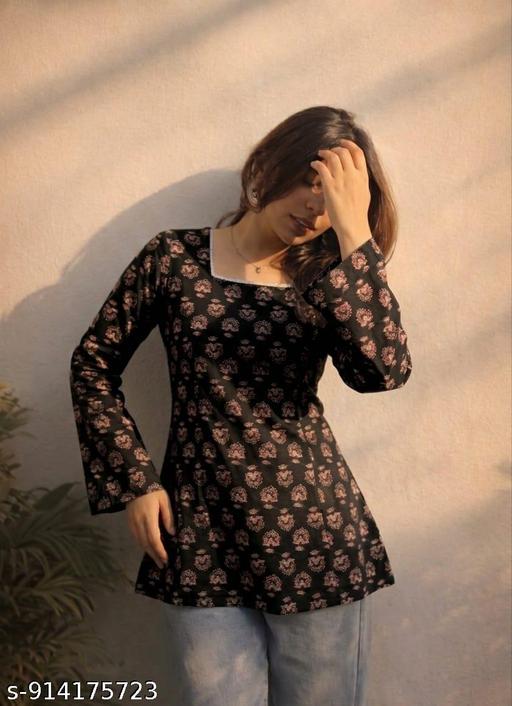 Black Floral Printed Short Kurti|| Cotton Printed Kurta with Full Sleeves and Back Dori Design||Daily Wear Kurti|| Office Wear - Image 3