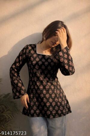 Black Floral Printed Short Kurti|| Cotton Printed Kurta with Full Sleeves and Back Dori Design||Daily Wear Kurti|| Office Wear