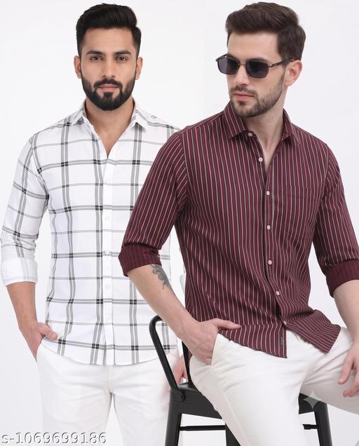 Men's Wine Red Striped & White Checkered Cotton Blend Shirt Combo | Full Sleeve Regular Fit Casual, Office & Party Wear Shirts for Men - Image 2