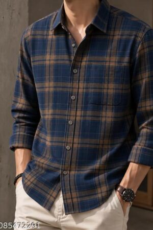 Men’s Navy Blue & Brown Checked Casual Shirt | Full Sleeve Plaid Pattern Shirt with Front Button Closure & Classic Shirt Collar | Stylish Regular Fit Casual Wear for Men